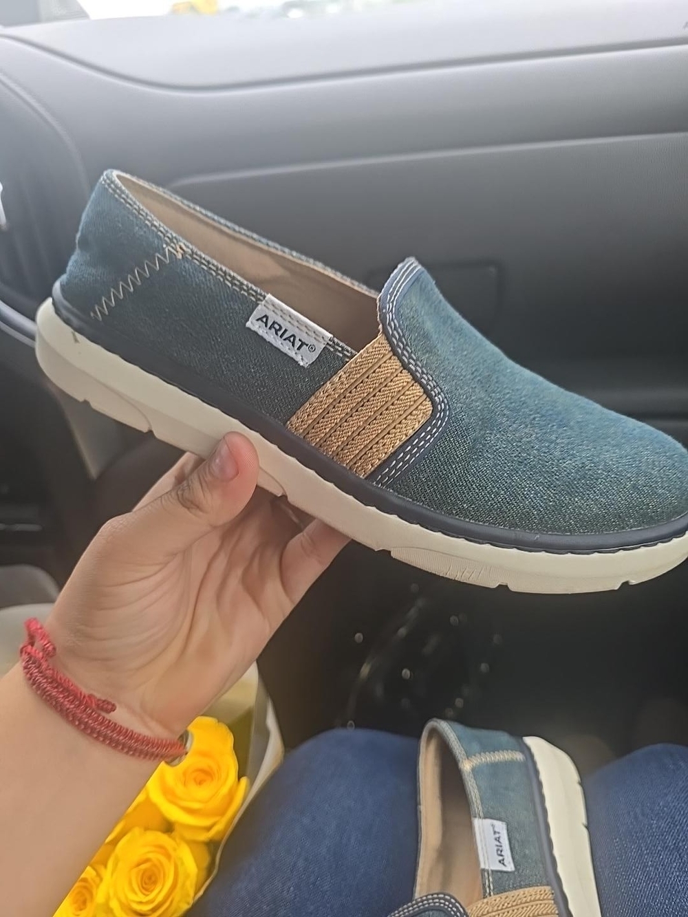 Ariat Teal Denim Slip-On Sneakers with Tan Elastic